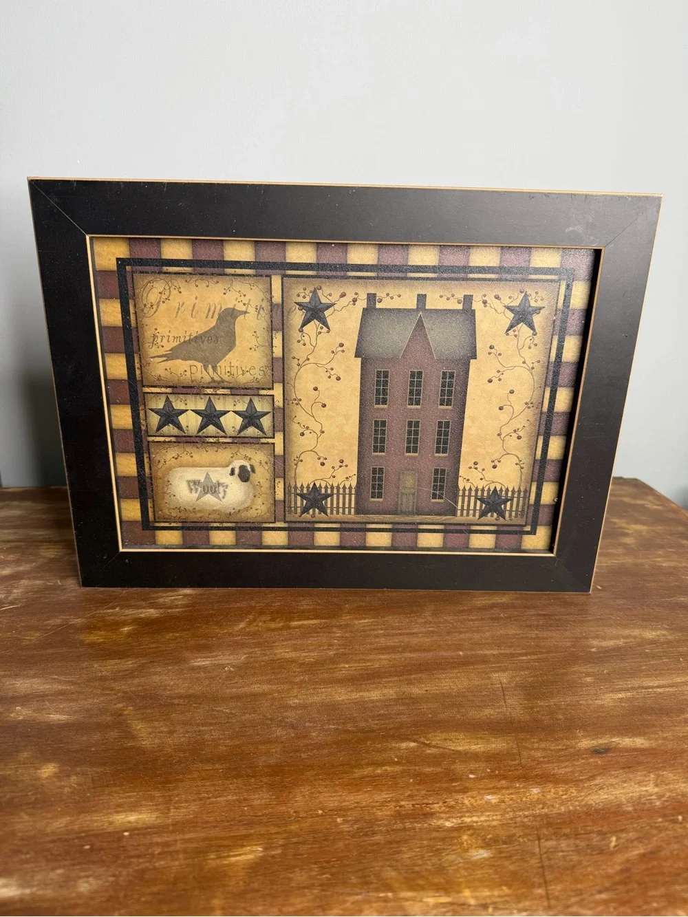 Folk Art Framed Wall Art - Black Frame with Rustic Red & Gold Print